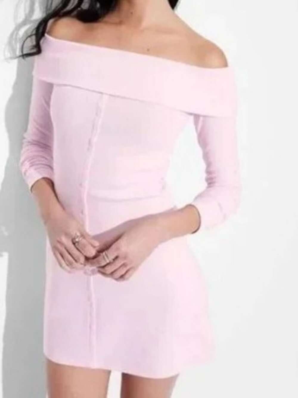 Wild Fable Womens Pink Ribbed‎ Off Shoulder Long Sleeve Button Front Dress NWT M
